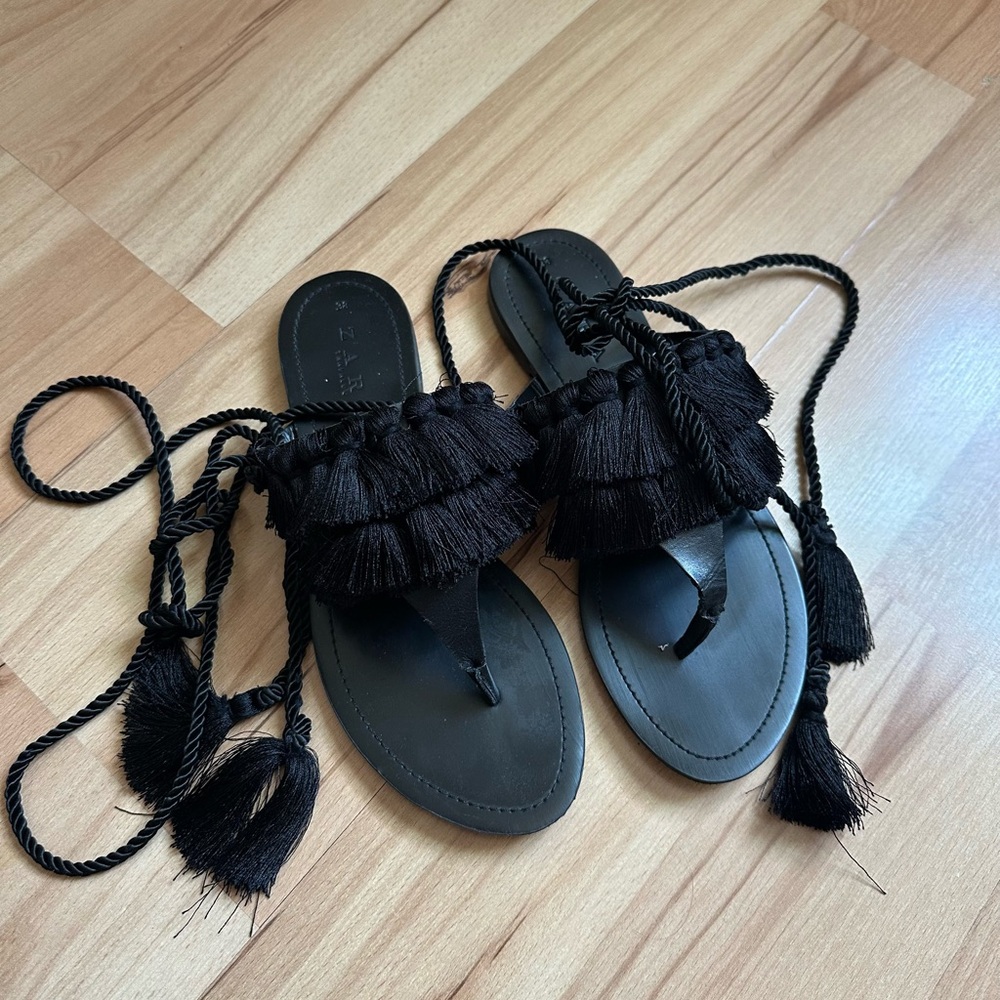 Zara black lace up leather flat sandals